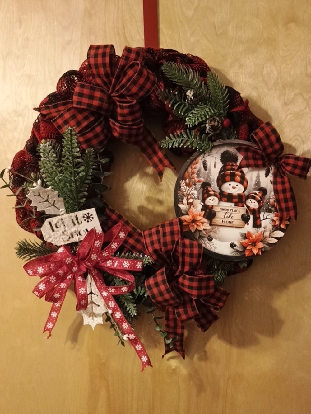 Red Buffalo Plaid Holiday Wreath with Snowman Accent